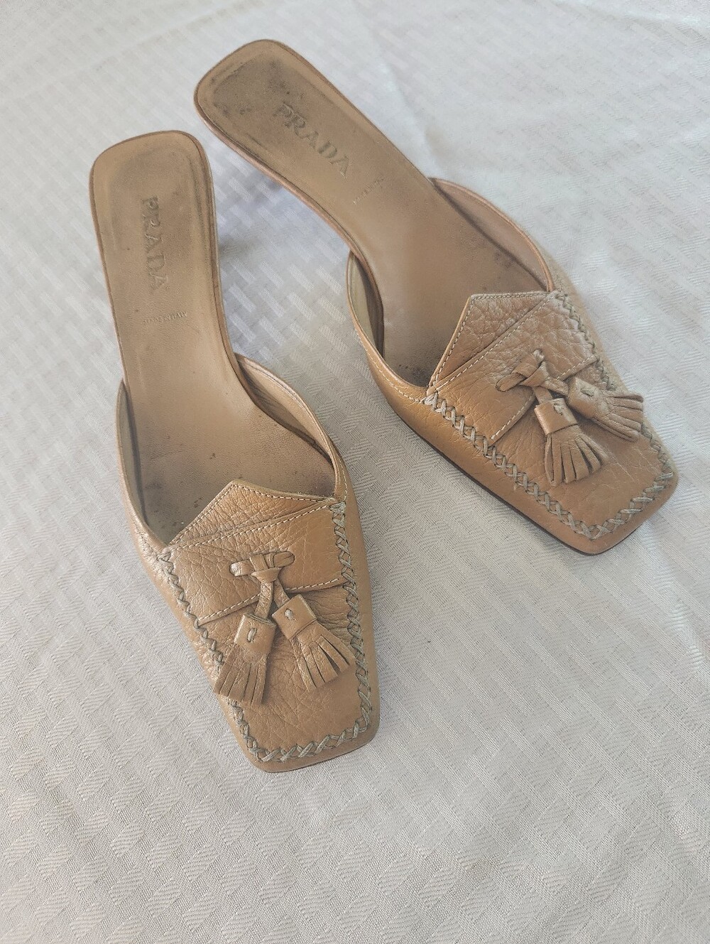 Prada Tan Pebble Leather Tassel Mule Slip-On for Women